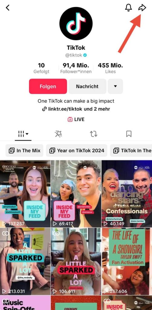 So blockierst du Leute auf TikTok - Schritt 1: Auf der Profilseite des Nutzers findest du oben rechts ein Symbol mit einem Pfeil (das Teilen-Symbol) – tippe darauf