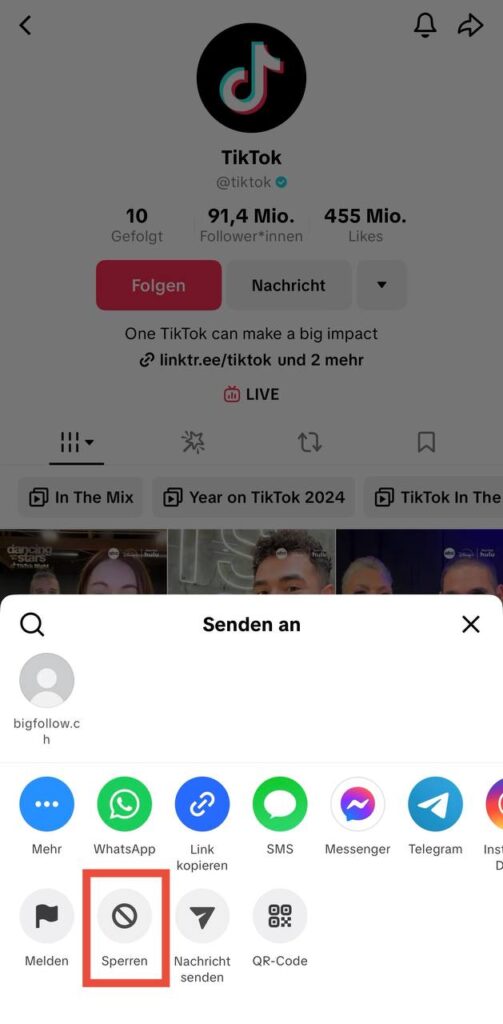 So blockierst du Leute auf TikTok - Schritt 2: Es öffnet sich ein Menü mit verschiedenen Optionen. Wähle hier „Sperren“ aus der Liste aus.