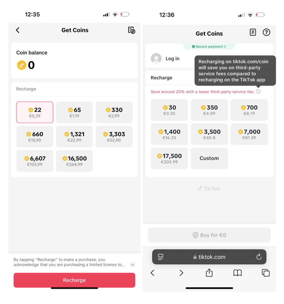 Acquisto di monete TikTok nell'app