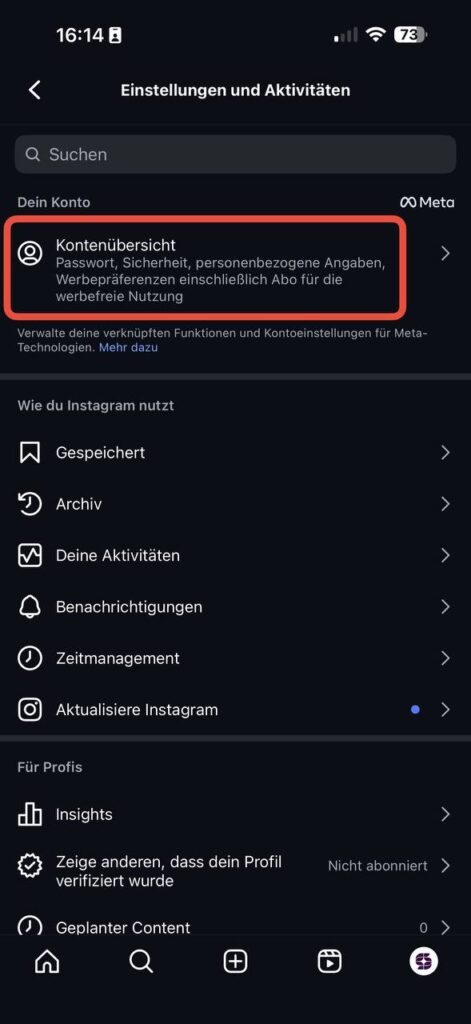 Paramètres Instagram - Aperçu des comptes mis en évidence
