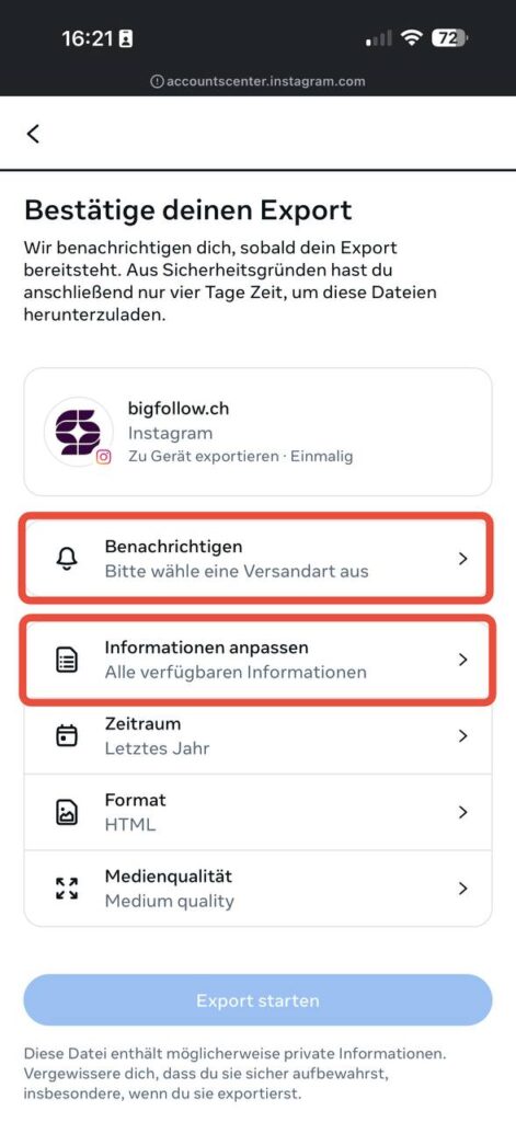 Aperçu de l'exportation - Avertir et personnaliser les informations