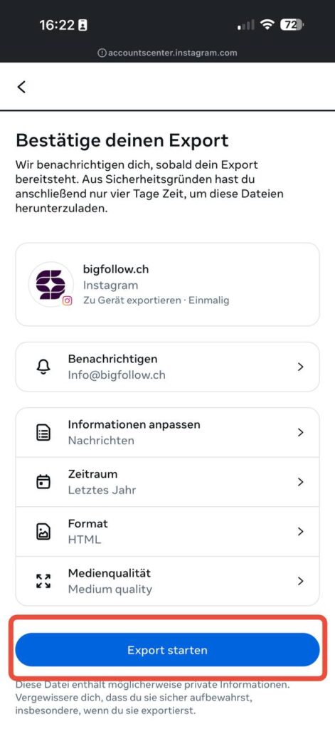 Aperçu de l'exportation avec période, format HTML et démarrer l'exportation