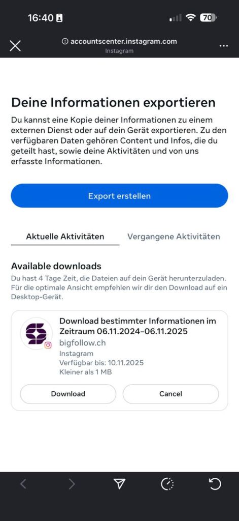 Accounts Center - Available downloads avec bouton de téléchargement