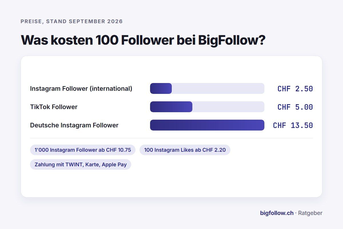 Preise für 100 Follower bei BigFollow: Instagram international CHF 2.50, TikTok CHF 5.00, deutsche Instagram Follower CHF 13.50