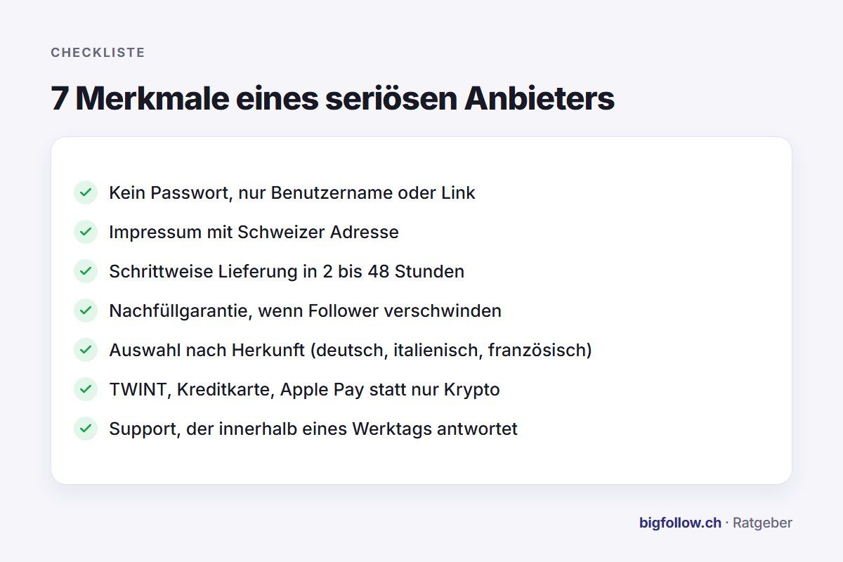Checkliste mit sieben Merkmalen eines seriösen Anbieters für Follower, Likes und Views
